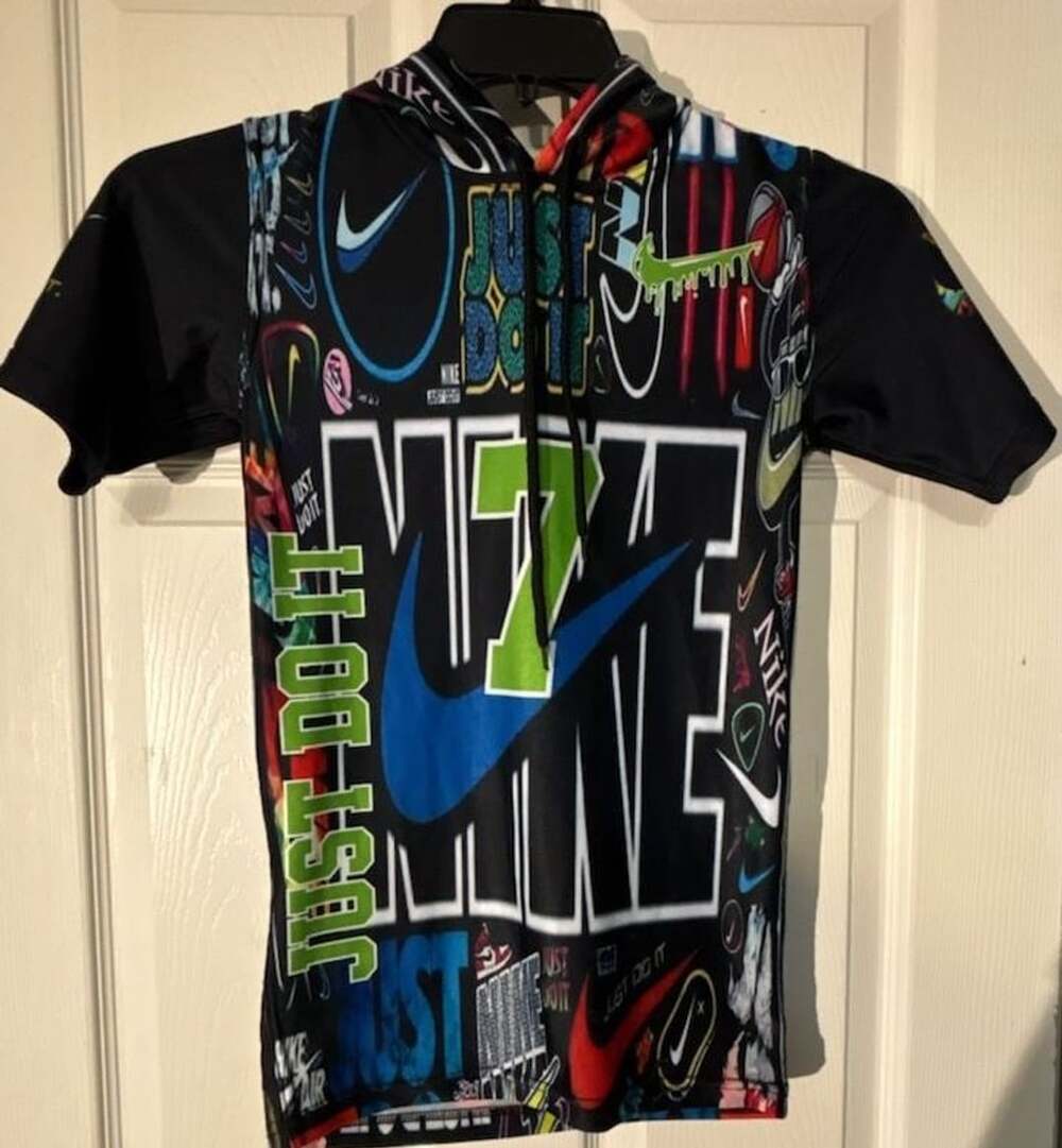 Boys Nike Short Sleeve Hoodie Black Multi-Color Logo Print